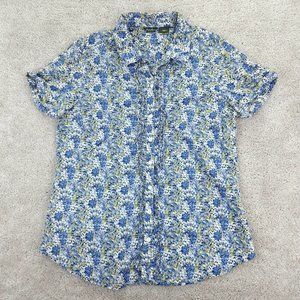 Eddie Bauer Shirt Women's Medium Blue Floral Button Front Short Sleeve Ruffle